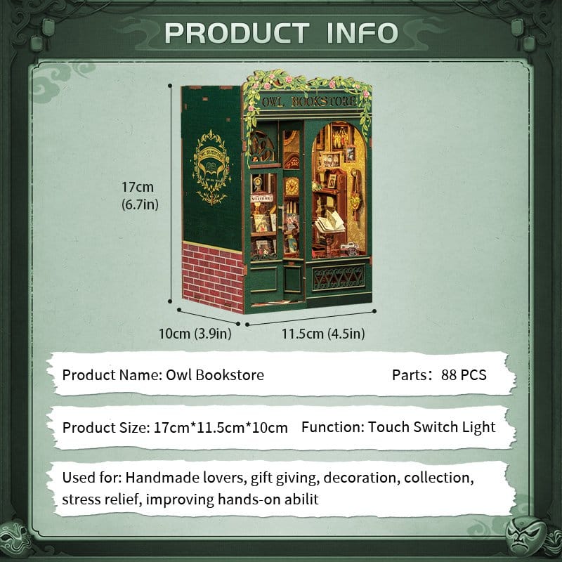 CuteBee Book Nook Owl Bookstore – Kit Modellismo 3D in Legno 17x12 cm