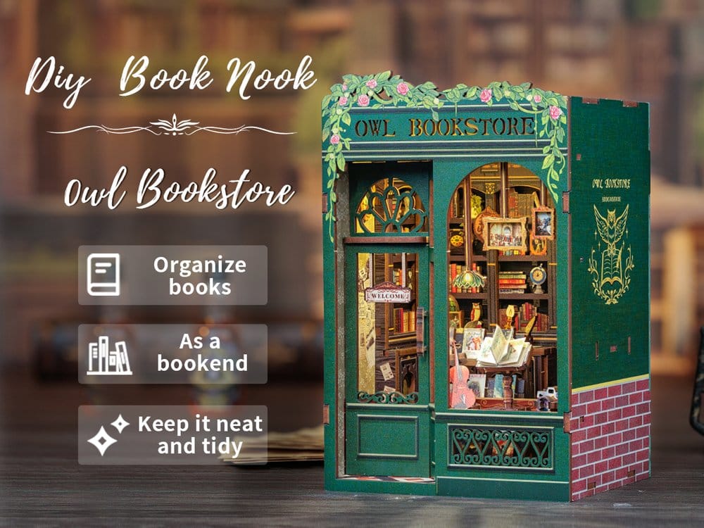 CuteBee Book Nook Owl Bookstore – Kit Modellismo 3D in Legno 17x12 cm