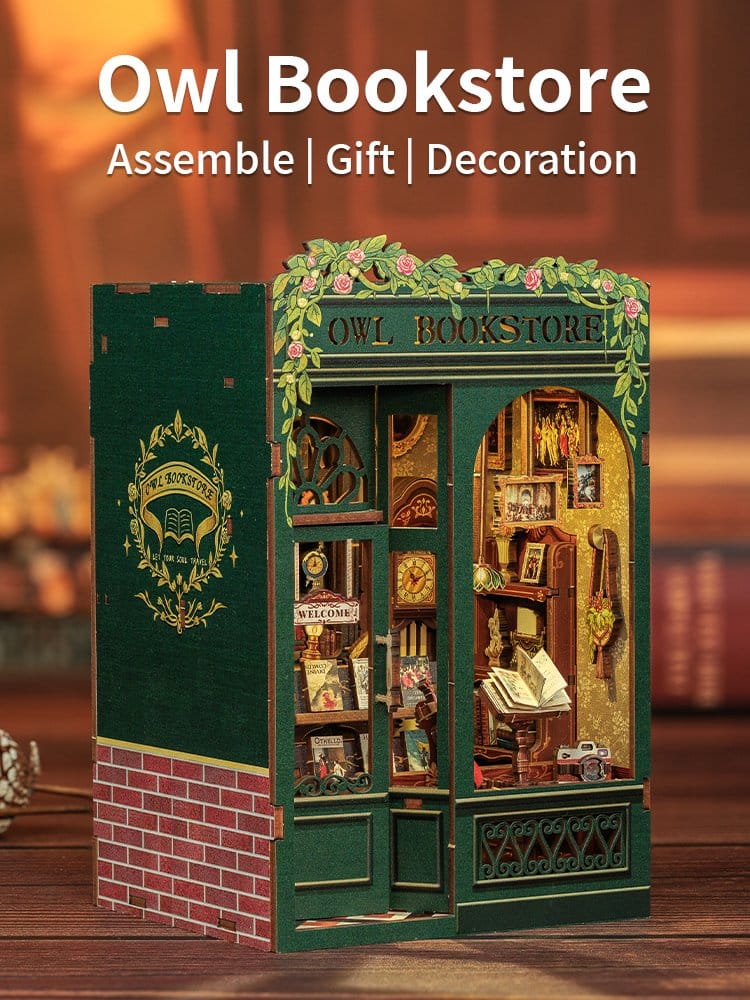 CuteBee Book Nook Owl Bookstore – Kit Modellismo 3D in Legno 17x12 cm