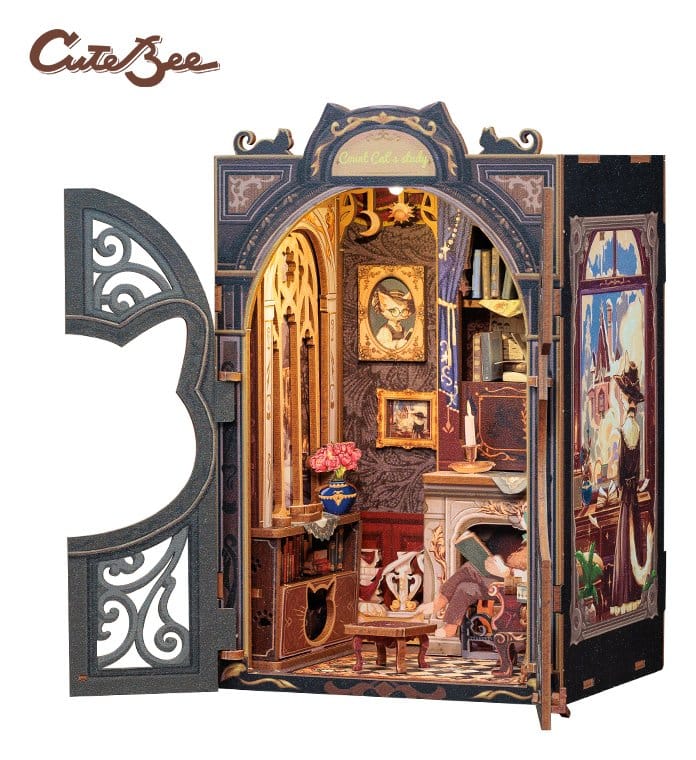 CuteBee Book Nook Count Cat's Study – Modello 3D in legno 17 x 12 cm