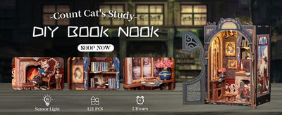CuteBee Book Nook Count Cat's Study – Modello 3D in legno 17 x 12 cm