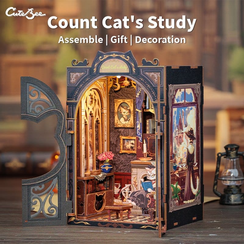 CuteBee Book Nook Count Cat's Study – Modello 3D in legno 17 x 12 cm
