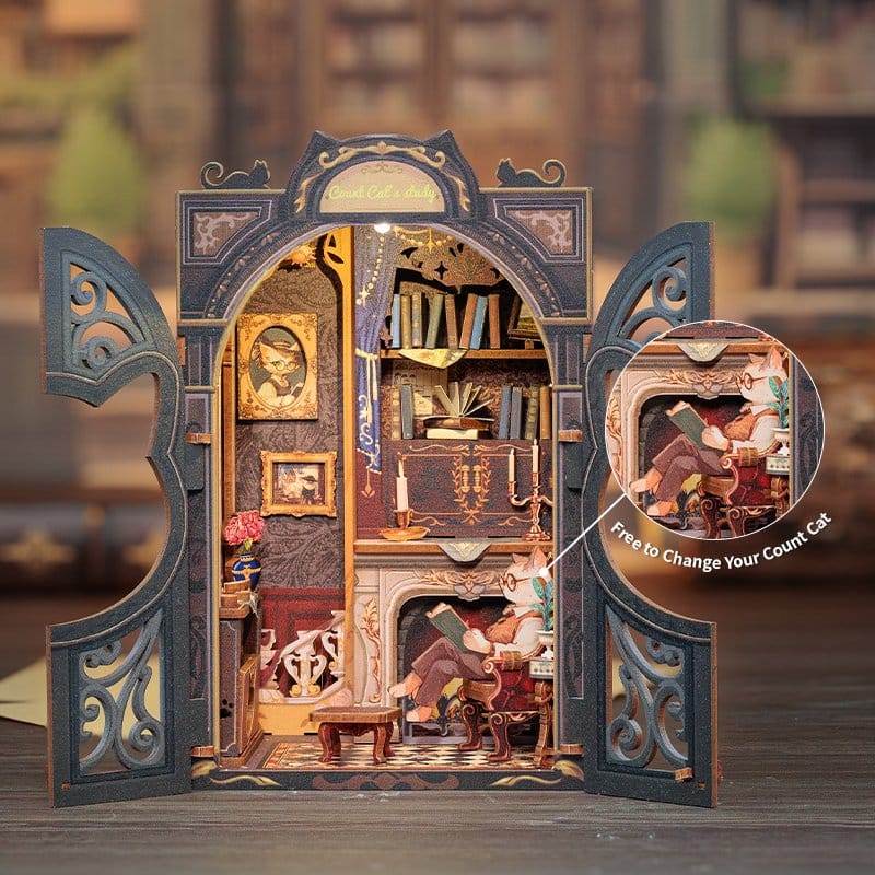 CuteBee Book Nook Count Cat's Study – Modello 3D in legno 17 x 12 cm