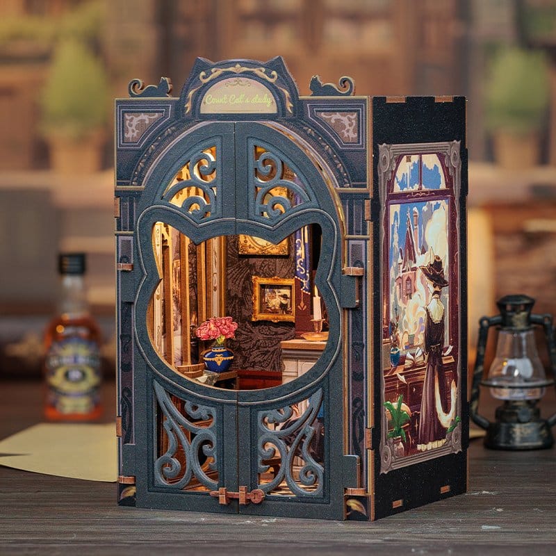CuteBee Book Nook Count Cat's Study – Modello 3D in legno 17 x 12 cm