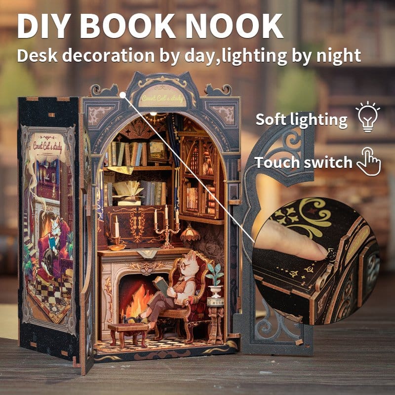 CuteBee Book Nook Count Cat's Study – Modello 3D in legno 17 x 12 cm