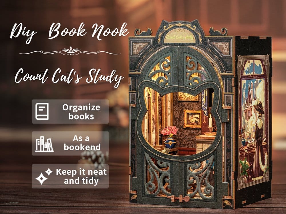 CuteBee Book Nook Count Cat's Study – Modello 3D in legno 17 x 12 cm