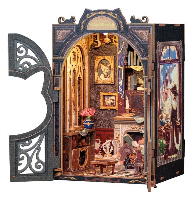 CuteBee Book Nook Count Cat's Study – Modello 3D in legno 17 x 12 cm