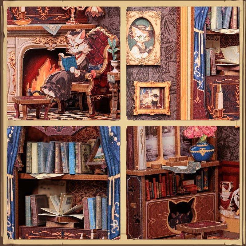 CuteBee Book Nook Count Cat's Study – Modello 3D in legno 17 x 12 cm