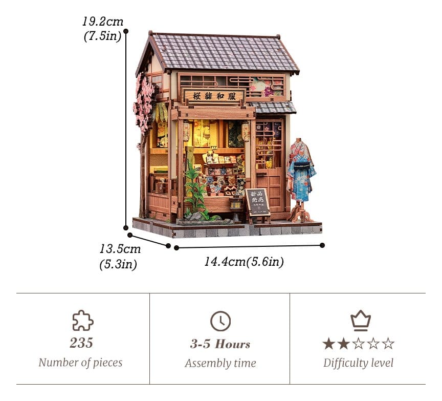 CuteBee Sakura O Kimono Shop – Kit Modellino Casa in Miniatura 3D in Legno 19x14 cm