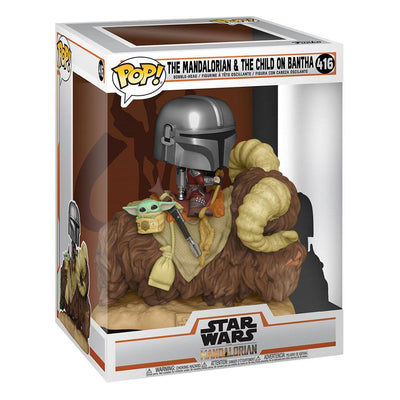 Star Wars The Mandalorian POP! Deluxe Figura in Vinile - Mandalorian su Wantha con Child nella Sacca, 9 cm, Funko
