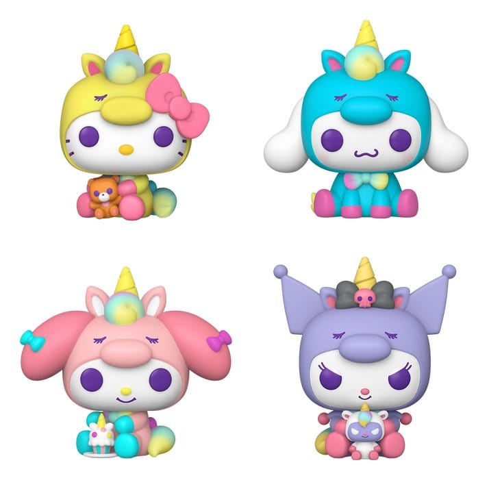 Funko POP! Sanrio Hello Kitty, Cinnamoroll, My Melody e Kuromi in outfit unicorno, confezione da 4 figure, 9 cm