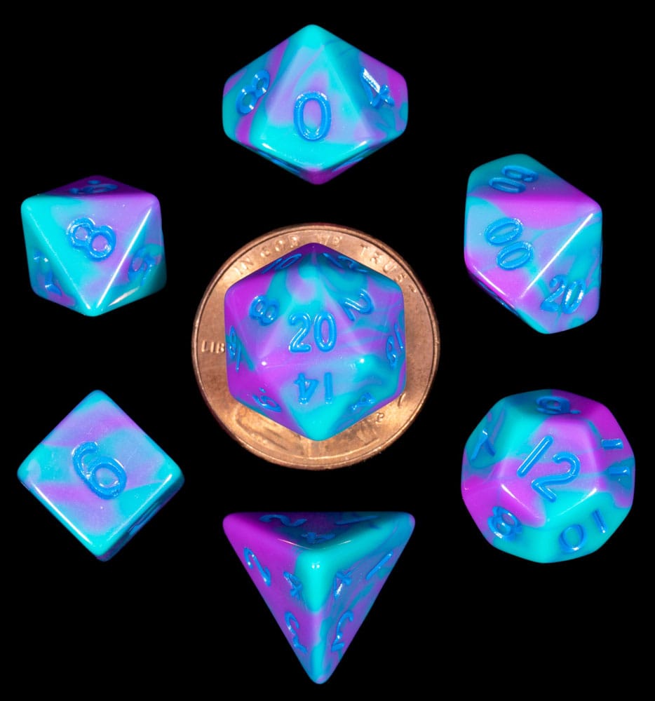 Set di 7 Mini Dadi FanRoll Turchese e Viola Marmorizzati