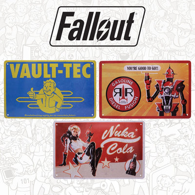 Fallout Set 3 Targhe in Metallo Vault-Tec, Red Rocket e Nuka-Cola