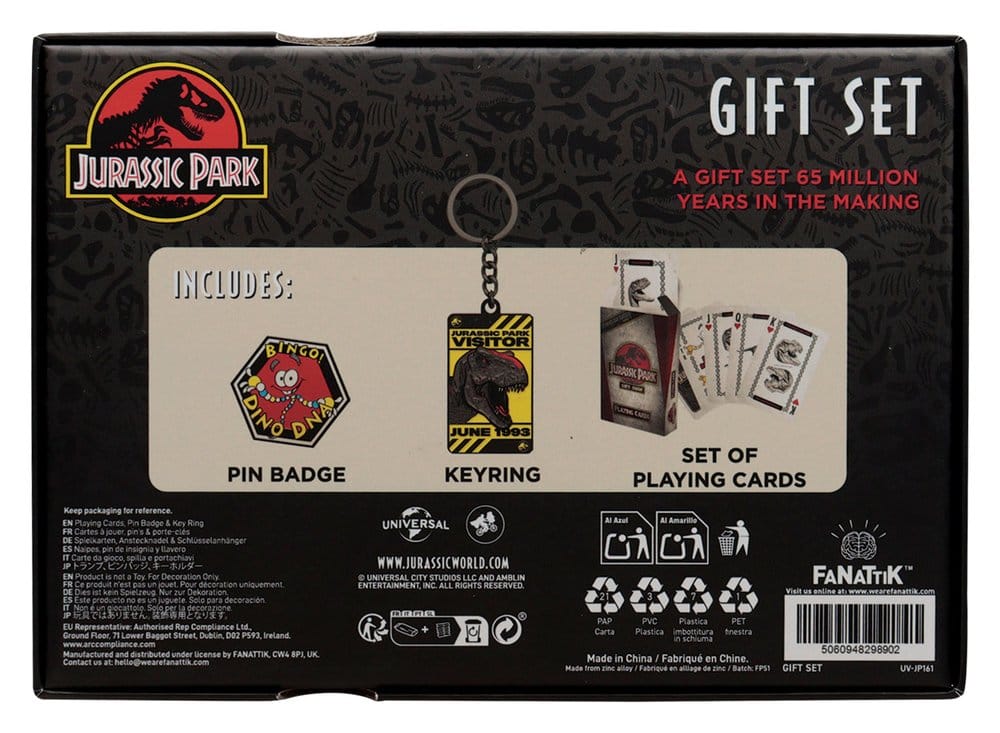 Jurassic Park Set Regalo Dino con Portachiavi, Spilla e Carte da Gioco FaNaTtik