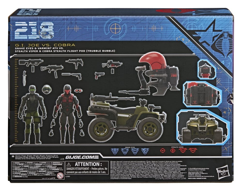 G.I. Joe Classified Series Action Figure e Veicolo Snake Eyes & Varmint ATV contro Stealth Viper & Cobra Stealth Flight Pod (Trubble Bubble) 15 cm Hasbro