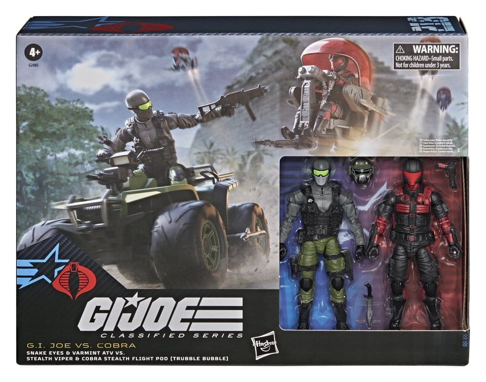 G.I. Joe Classified Series Action Figure e Veicolo Snake Eyes & Varmint ATV contro Stealth Viper & Cobra Stealth Flight Pod (Trubble Bubble) 15 cm Hasbro