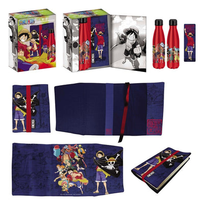 One Piece Set Regalo con Bottiglia in Acciaio, Adesivo e Copertina per Libri