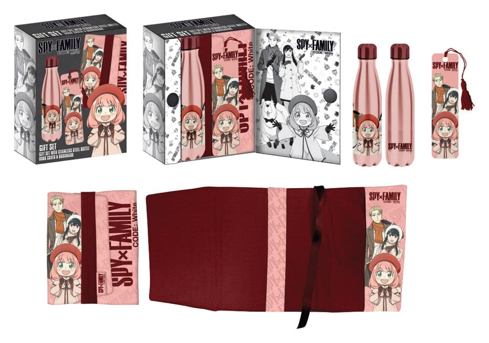 Set Regalo Spy x Family con Borraccia in Acciaio, Adesivo e Copertina per Libro, Rosa/Rosso, Halantex