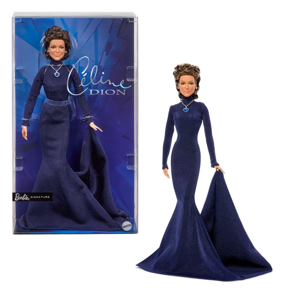Bambola Barbie Signature Celine Dion con abito a collo alto blu oceano e collana a cuore, Mattel
