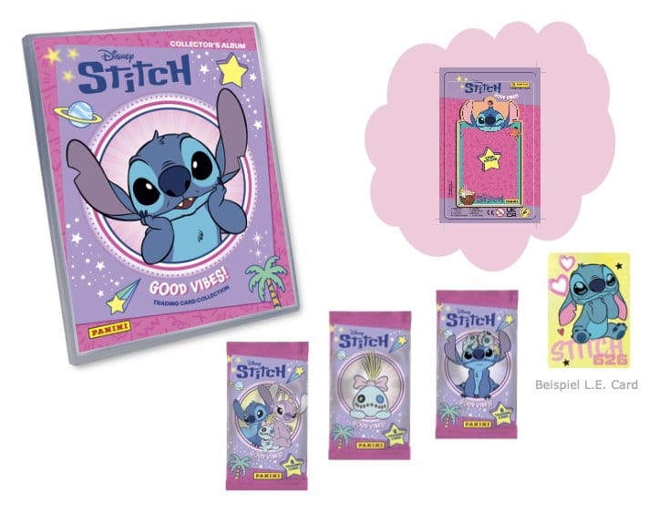 Stitch Good Vibes Trading Cards Starter Pack con Card Holder, edizione tedesca, Panini