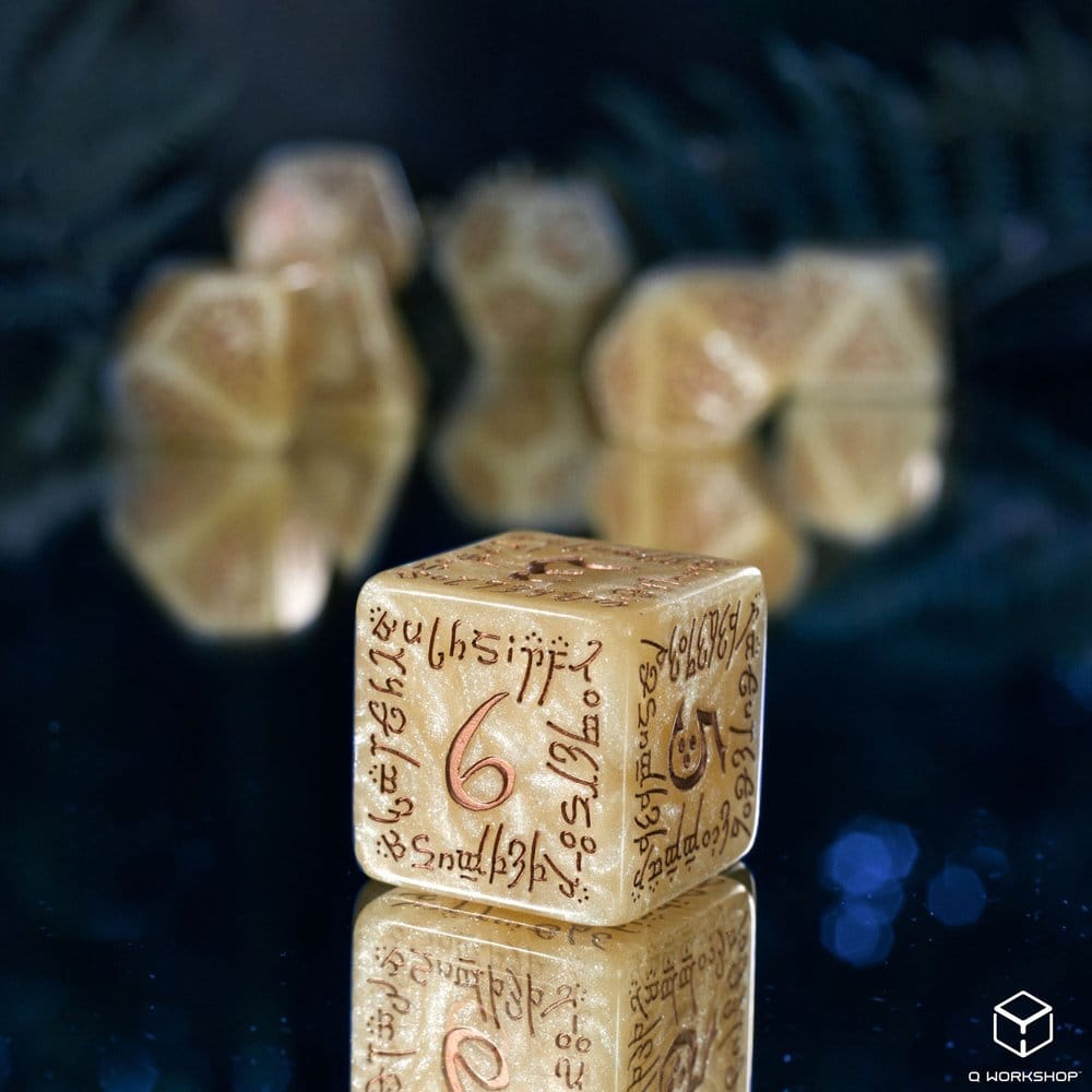 Set di 7 Dadi Polyhedral Jumbo Elvish Q Workshop, Beige Shimmering e Rame Metallizzato