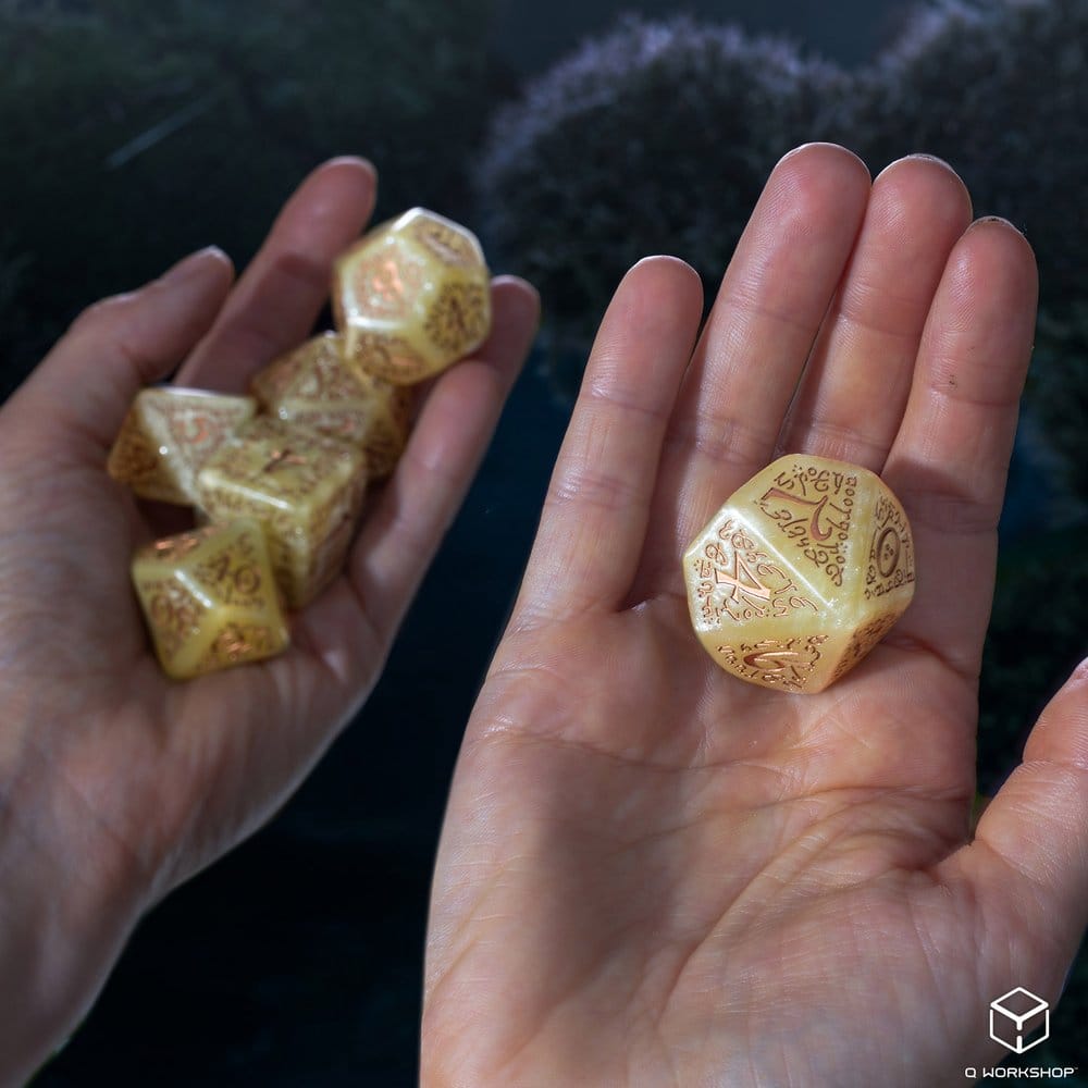 Set di 7 Dadi Polyhedral Jumbo Elvish Q Workshop, Beige Shimmering e Rame Metallizzato