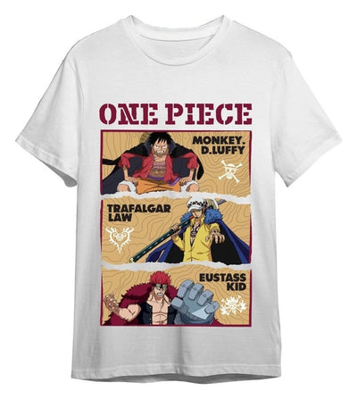 T-Shirt One Piece Monkey D. Ruffy, Trafalgar D. Water Law ed Eustass White, taglia S, Superplay