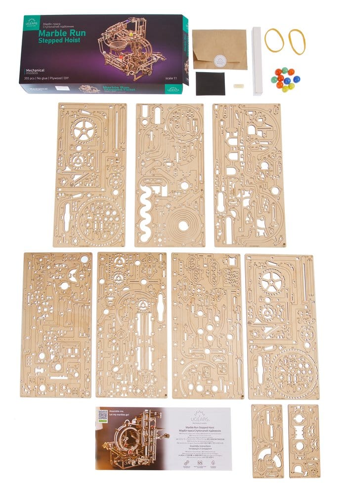 Ugears Marble Run Stepped Hoist, modellino in legno con biglie, 355 pezzi