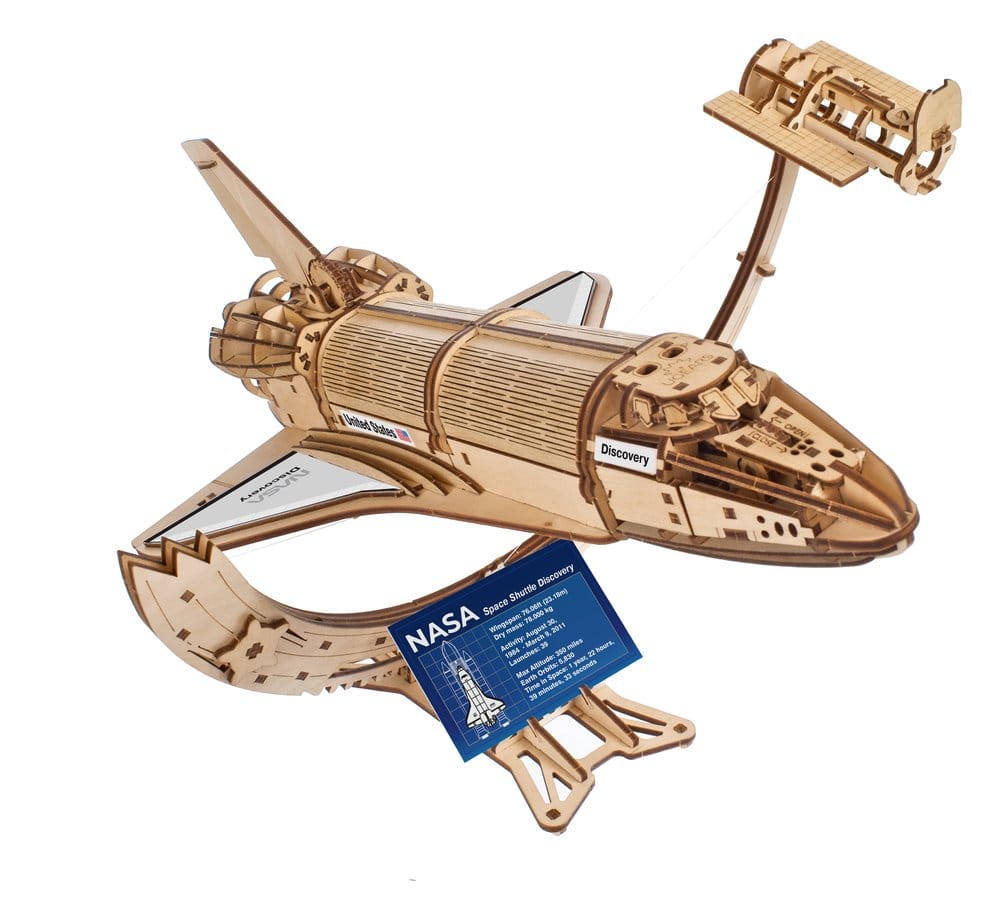 NASA Space Shuttle Discovery Modellino in Legno Ugears con Telescopio Hubble e Supporto Tensegrity