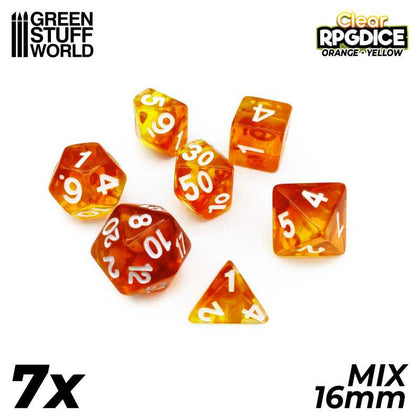 GreenStuffWorld - 7x Mix 16mm Dice - Orange - Yellow