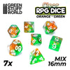 GreenStuffWorld - 7x Mix 16mm Dice - Clear Orange/Green