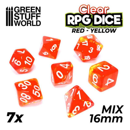 GreenStuffWorld - 7x Mix 16mm Dice - Clear Red/Yellow