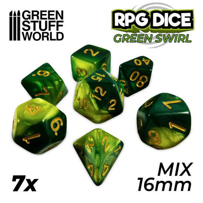 GreenStuffWorld - 7x Mix 16mm Dice - Green Swirl