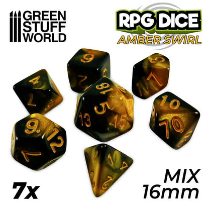 GreenStuffWorld - 7x Mix 16mm Dice - Amber Swirl