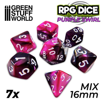GreenStuffWorld - 7x Mix 16mm Dice - Purple Swirl