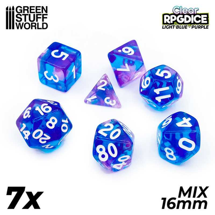 Green Stuff World - 7x  Mix 16mm Dice - Light Blue - Purple